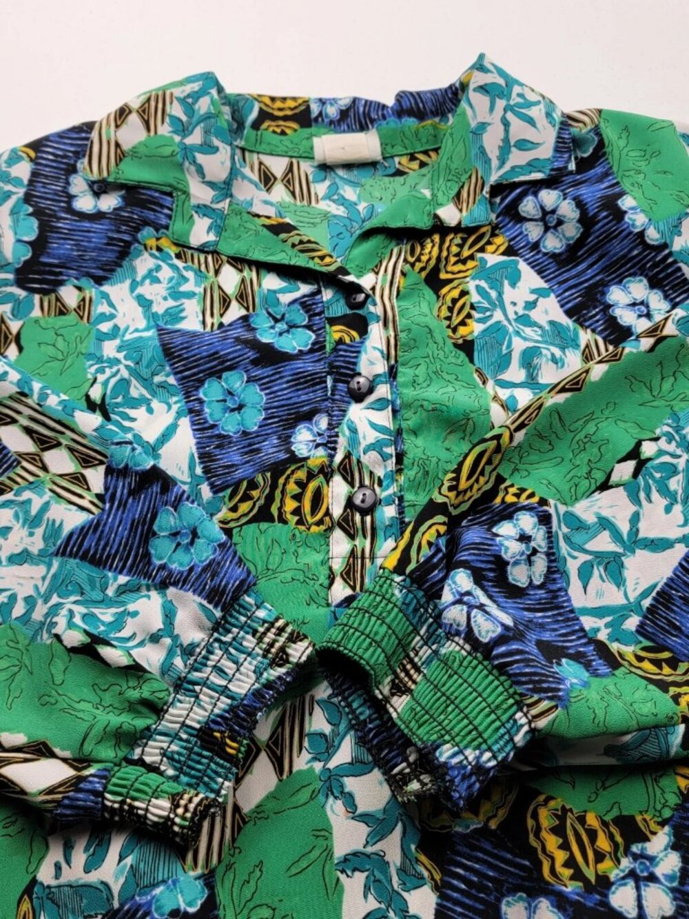 Green Blue 90s Retro Abstract Floral Blouse Elastic Hem Women M / 46" Chest - Picture 8 of 10